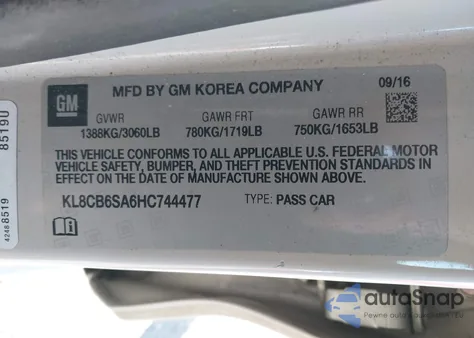 2017 Chevrolet Spark Ls Cvt из США, поврежденный, VIN KL8CB6SA6HC744477